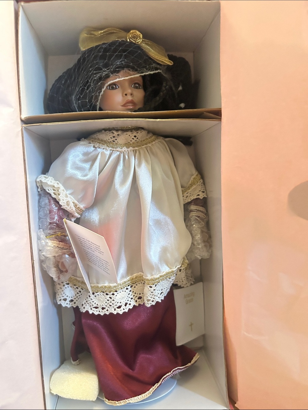 Porcelain Decorative Doll in White and Burgundy with Gold Accents